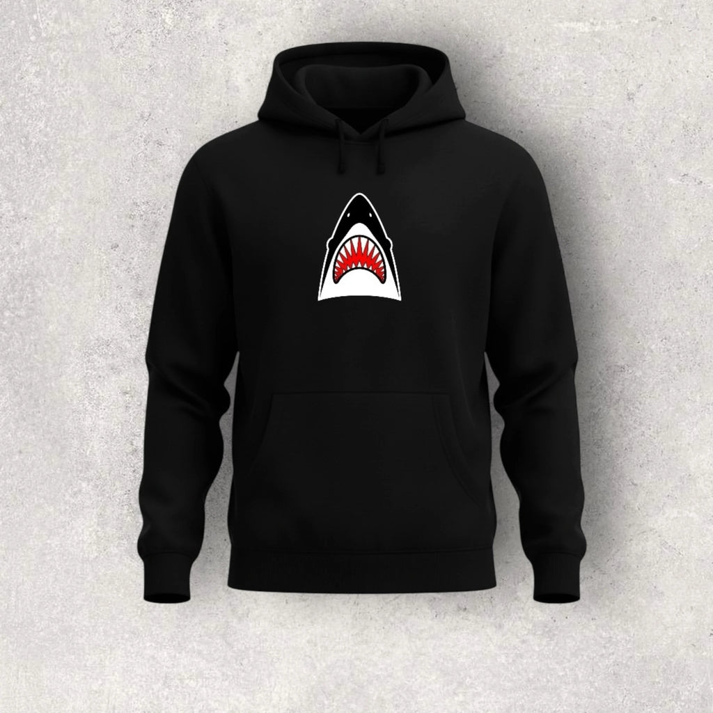 Black hoodie with a shark graphic on a gray background