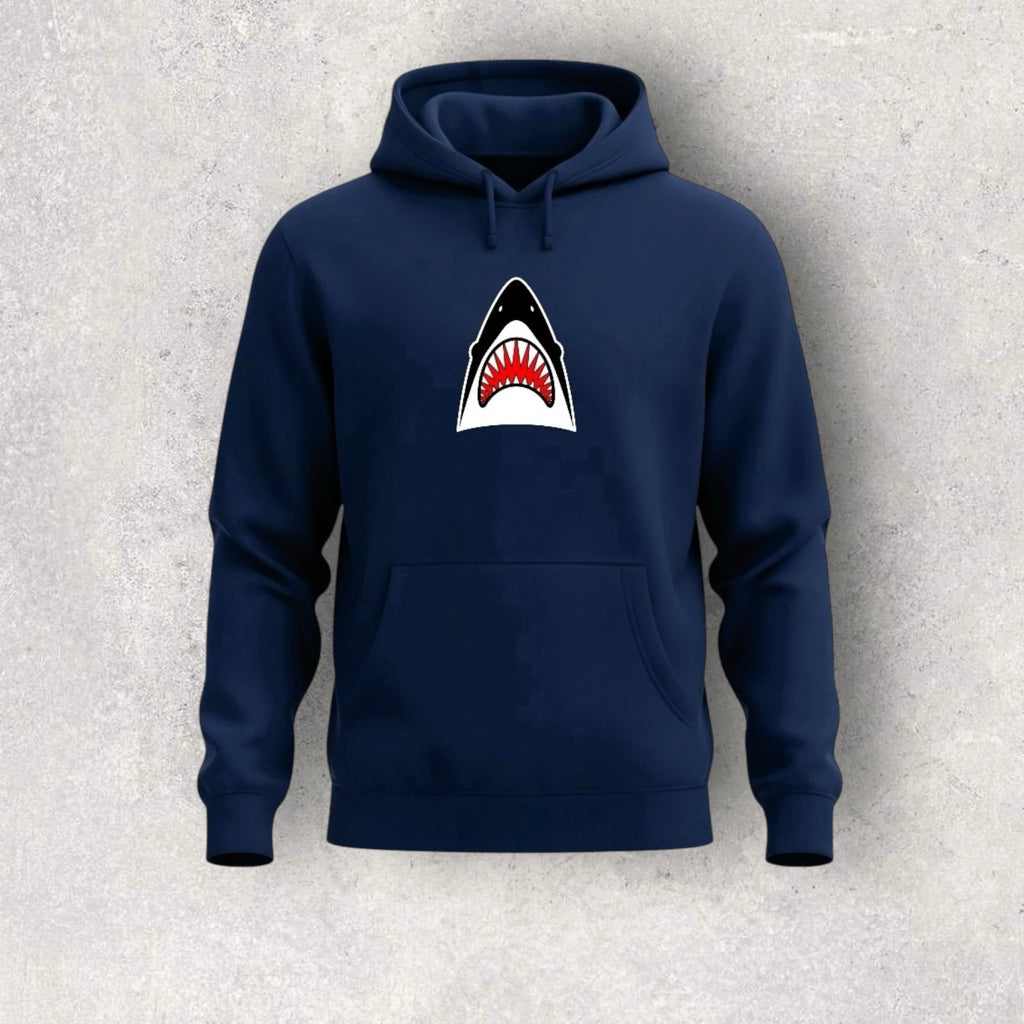 Navy blue hoodie with a shark graphic on a light gray background