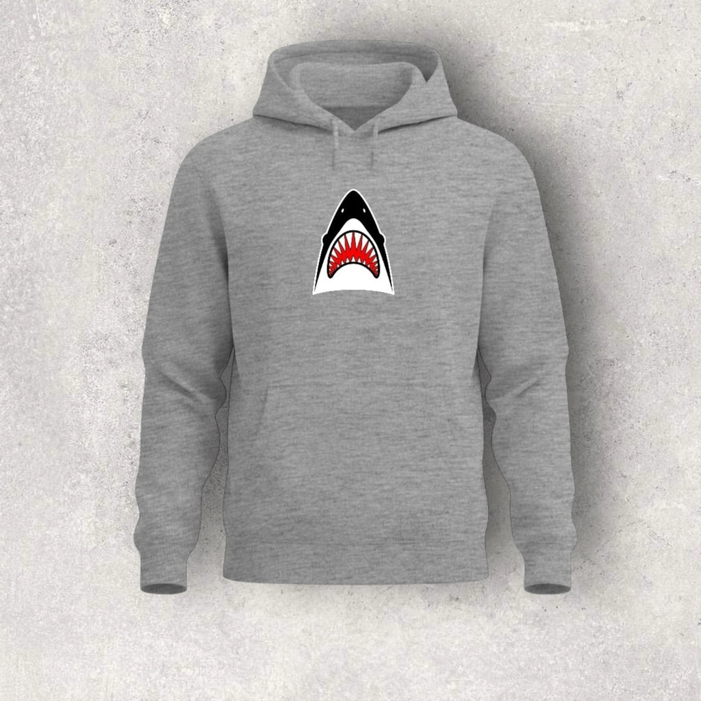 Gray hoodie with a shark mouth graphic on a light gray background