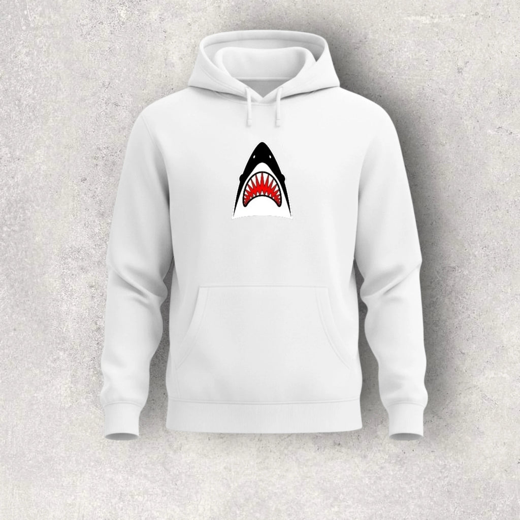 White hoodie with a shark mouth graphic on a gray background