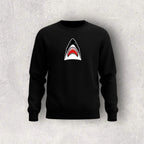 Black sweatshirt with a shark graphic on a gray background