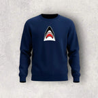 Navy blue sweatshirt with a shark graphic on a light gray background