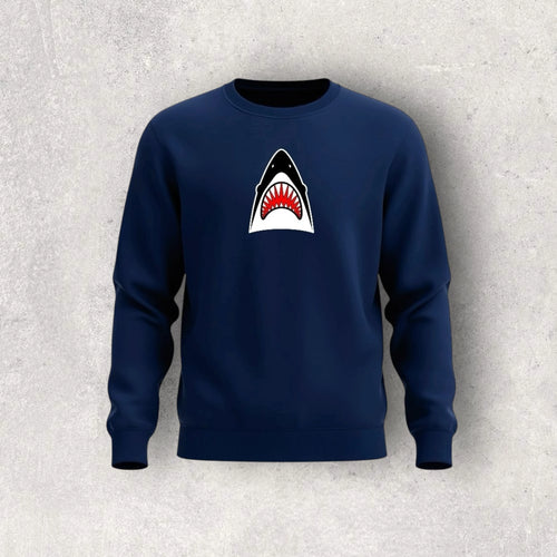 Navy blue sweatshirt with a shark graphic on a light gray background