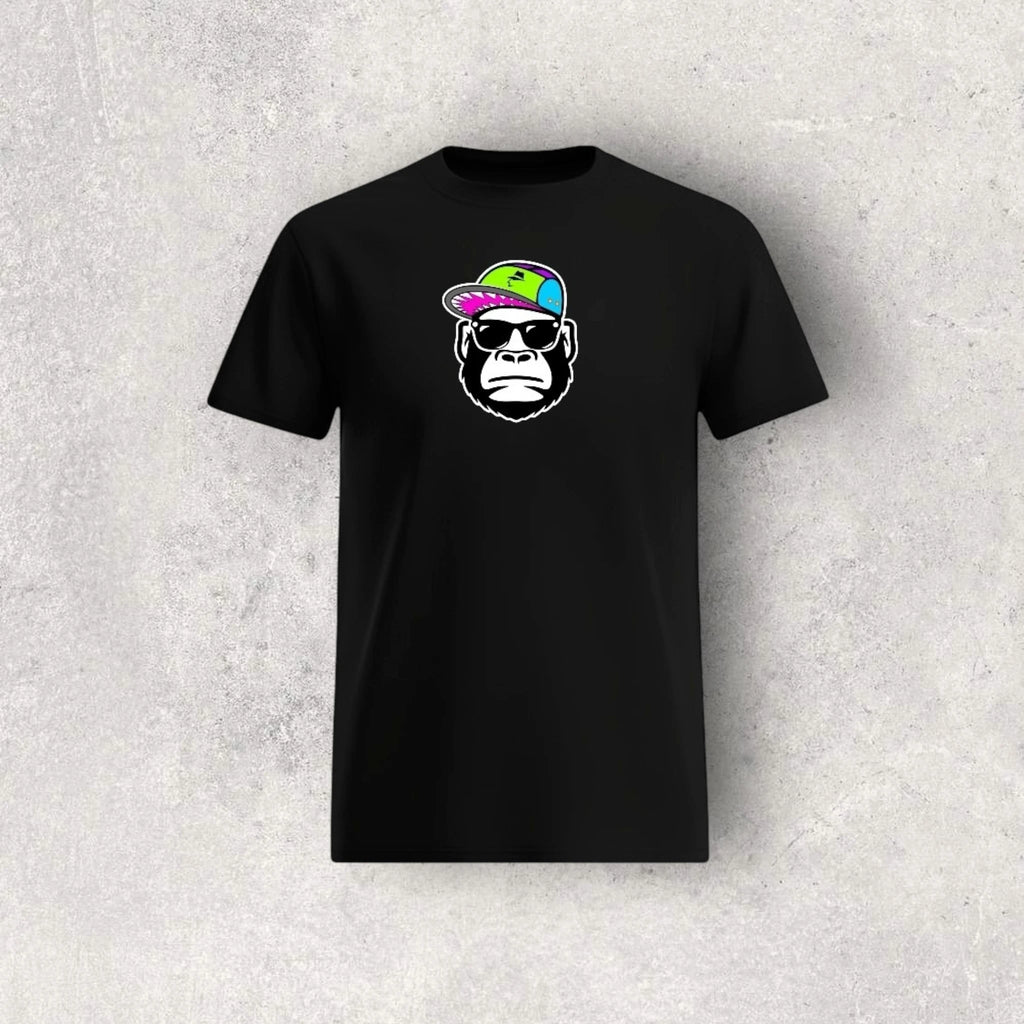 Black t-shirt with a graphic of a monkey wearing sunglasses and a colorful hat on a textured gray background