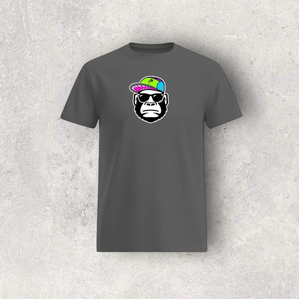 Gray t-shirt with a graphic of a monkey wearing sunglasses and a colorful hat on a textured gray background