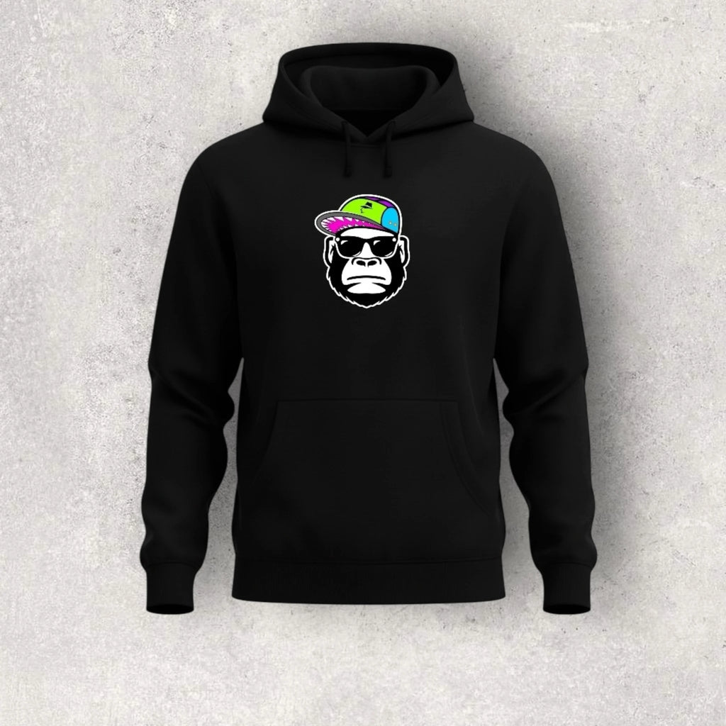 Black hoodie with a graphic of a monkey wearing sunglasses and a colorful hat on a light gray background