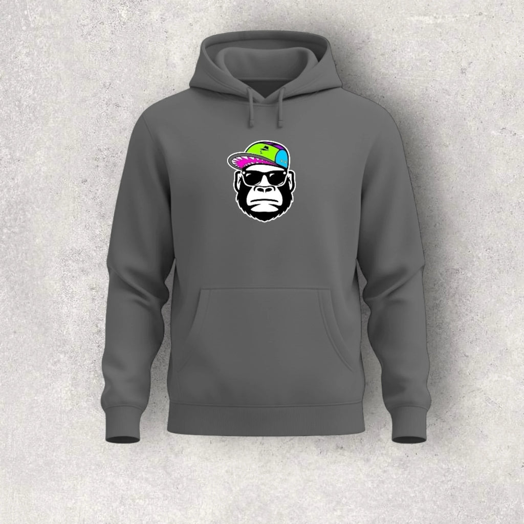 Gray hoodie with a graphic of a monkey wearing sunglasses and a colorful hat on a textured gray background