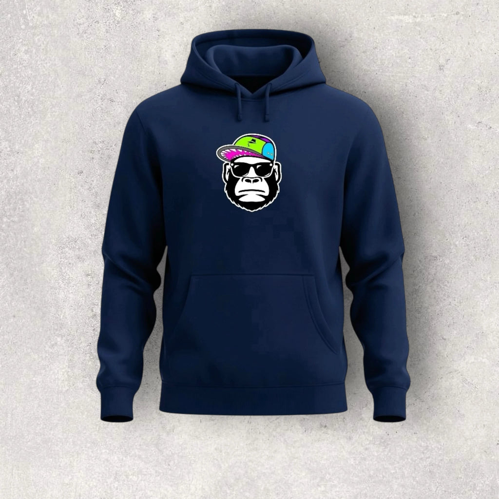 Navy blue hoodie with a graphic of a monkey wearing sunglasses and a colorful hat on a light gray background