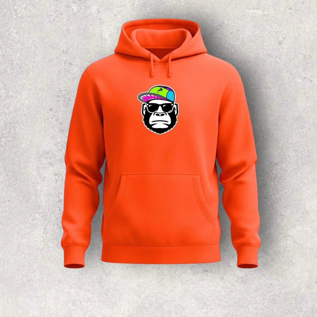 Orange hoodie with a graphic of a monkey wearing sunglasses and a colorful hat on a gray background