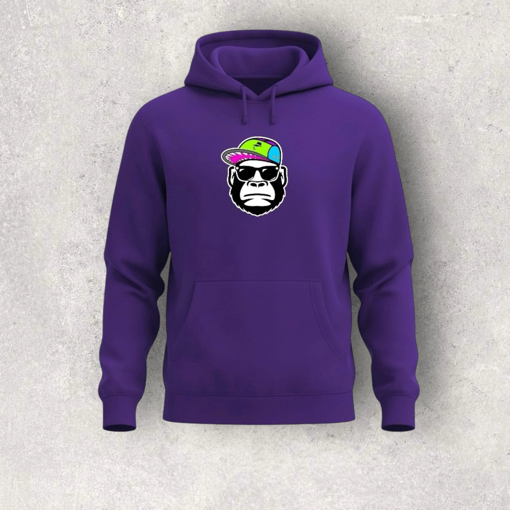 Purple hoodie with a graphic of a monkey wearing sunglasses and a colorful hat on a gray background
