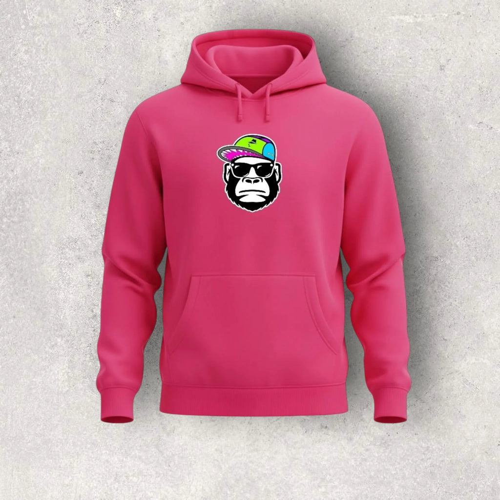 Pink hoodie with a graphic of a monkey wearing sunglasses and a colorful hat on a gray background