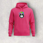 Pink hoodie with a graphic of a monkey wearing sunglasses and a colorful hat on a gray background