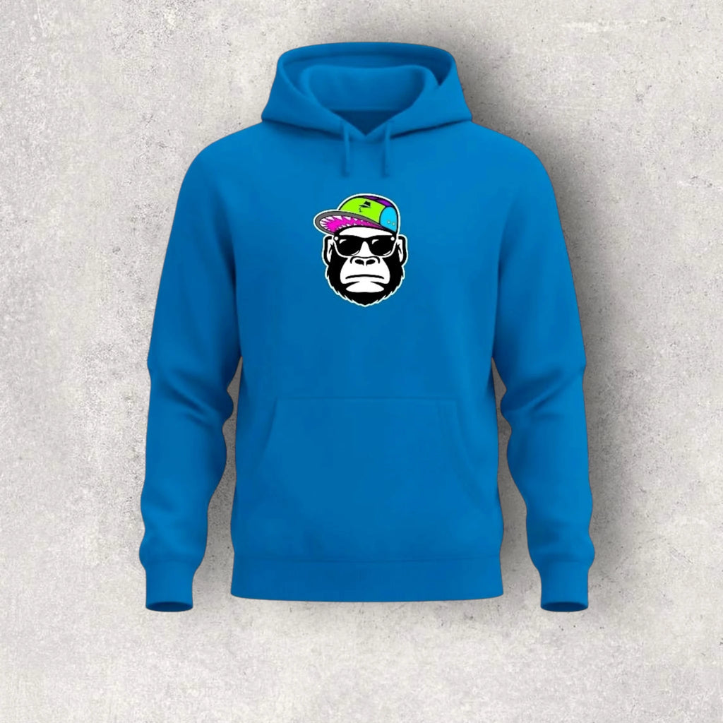 Blue hoodie with a graphic of a monkey wearing sunglasses and a colorful hat on a gray background