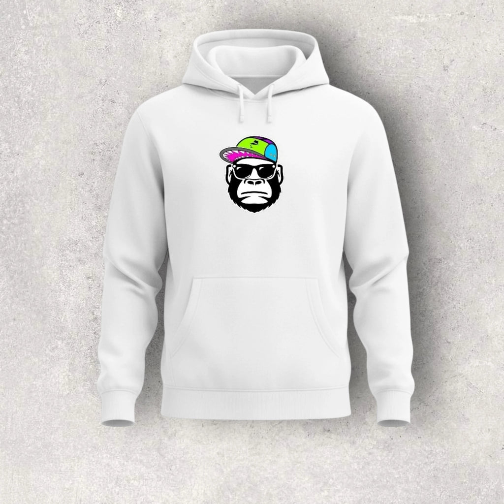 White hoodie with a graphic of a monkey wearing sunglasses and a colorful hat on a gray background
