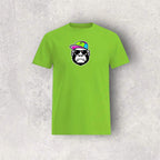 Green t-shirt with a graphic of a monkey wearing sunglasses and a hat on a textured gray background