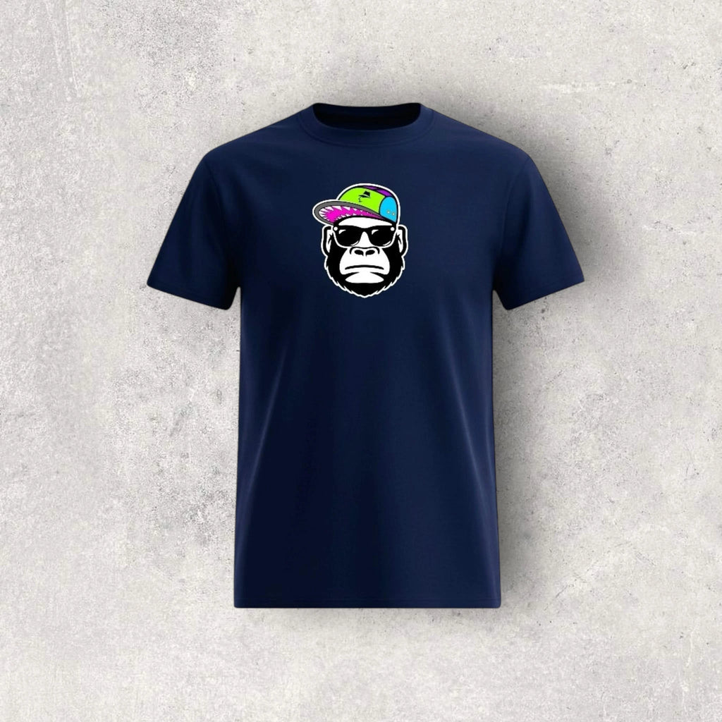 Navy blue t-shirt with a graphic of a monkey wearing sunglasses and a colorful hat on a textured gray background.