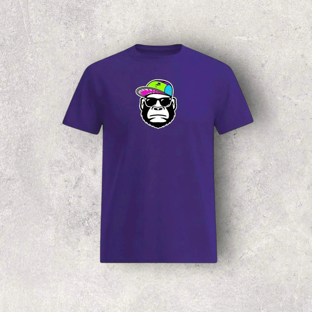 Purple t-shirt with a graphic of a monkey wearing sunglasses and a colorful hat on a textured gray background