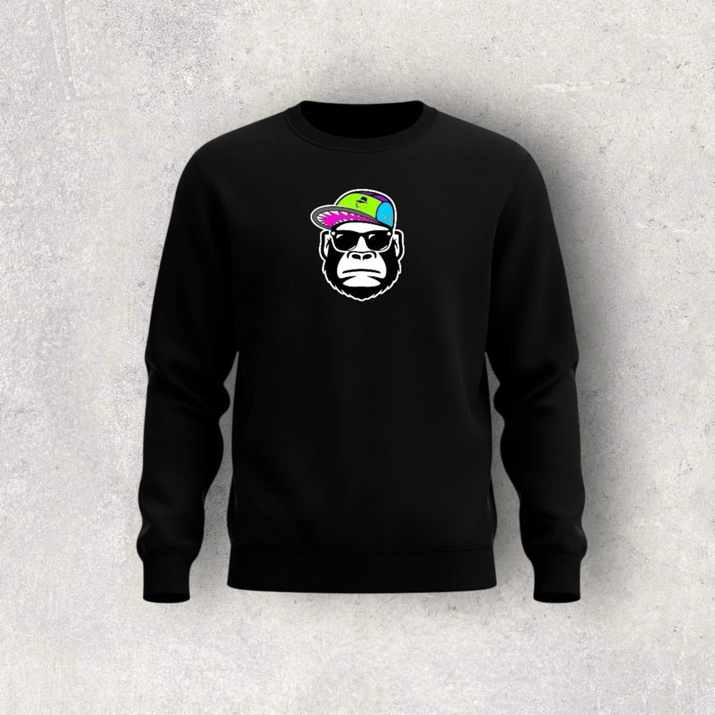 Black sweatshirt with a graphic of a monkey wearing sunglasses and a colorful hat on a gray background