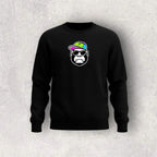 Black sweatshirt with a graphic of a monkey wearing sunglasses and a colorful hat on a gray background