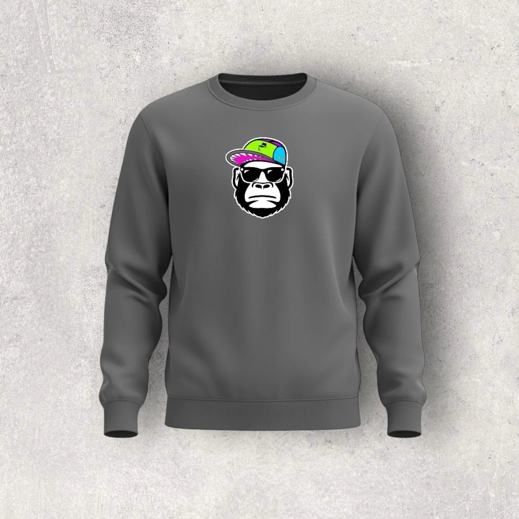 Gray sweatshirt with a graphic of a monkey wearing sunglasses and a colorful hat on a textured gray background