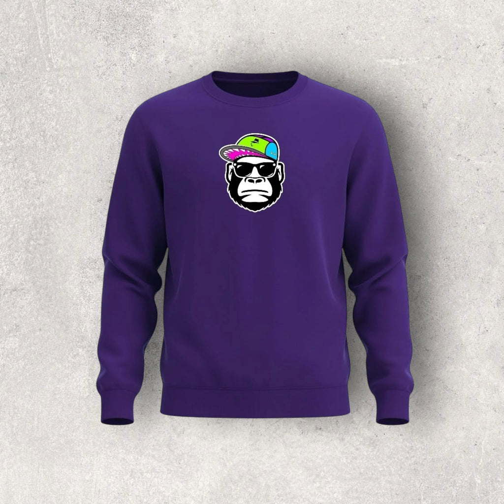 Purple sweatshirt with a graphic of a monkey wearing sunglasses and a colorful hat on a gray background