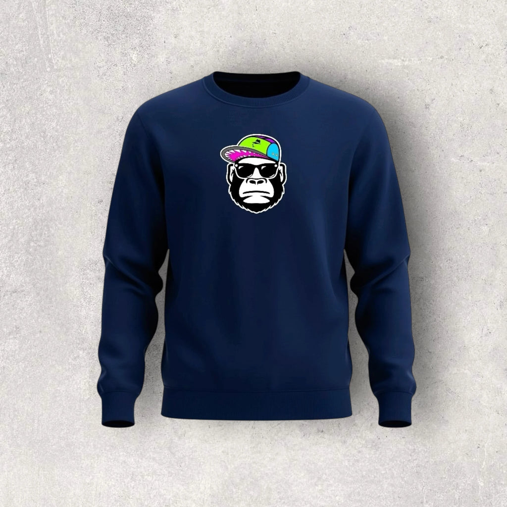 Navy blue sweatshirt with a graphic of a gorilla wearing sunglasses and a colorful hat on a light gray background