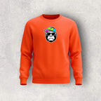 Orange sweatshirt with a graphic of a monkey wearing sunglasses and a colorful hat on a gray background