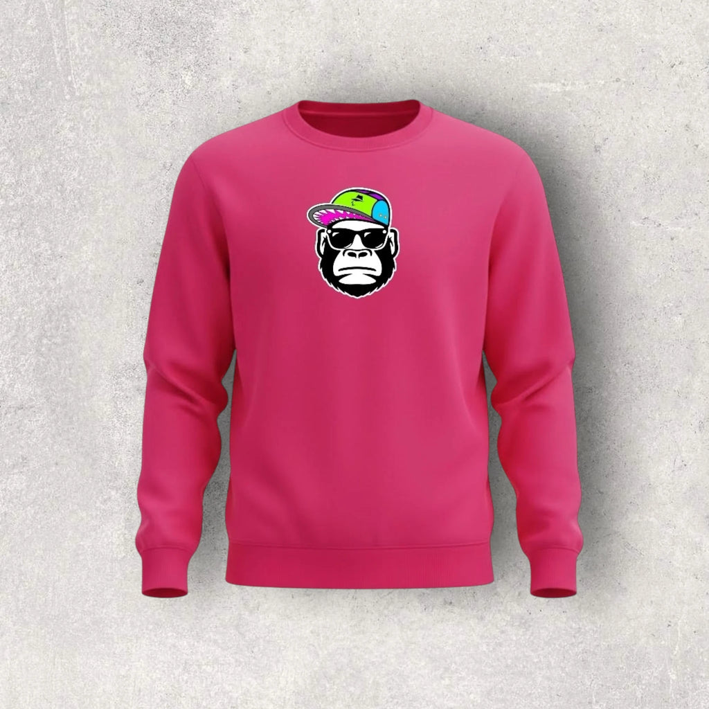 Pink sweatshirt with a graphic of a monkey wearing sunglasses and a colorful hat on a gray background