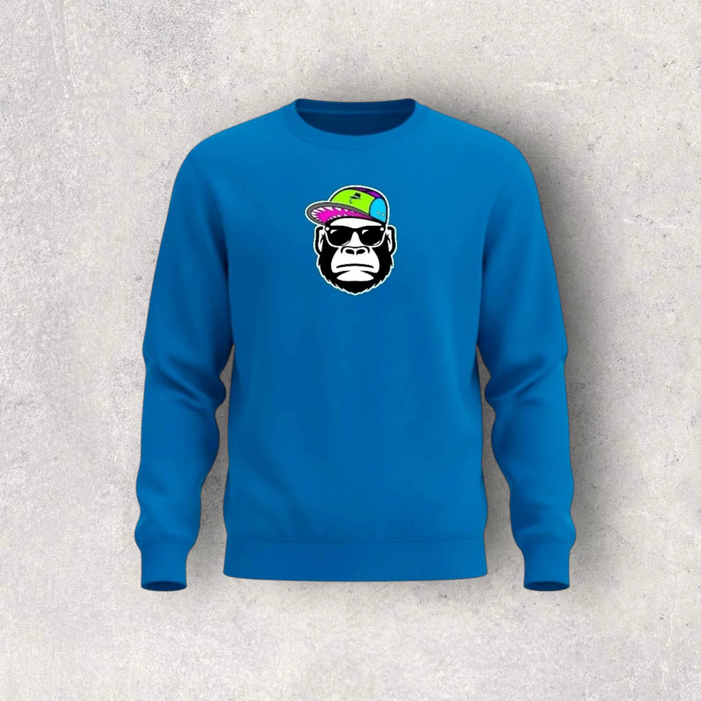 Blue sweatshirt with a graphic of a monkey wearing a hat and sunglasses on a gray background