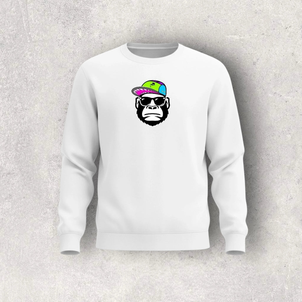 White sweatshirt with a graphic of a monkey wearing sunglasses and a colorful hat on a gray background