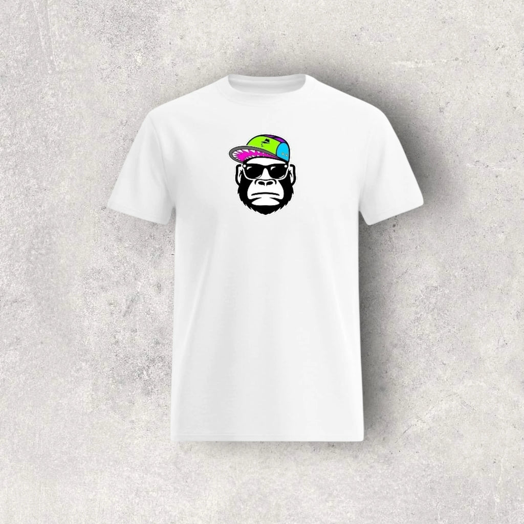 White t-shirt with a graphic of a monkey wearing sunglasses and a hat on a gray background