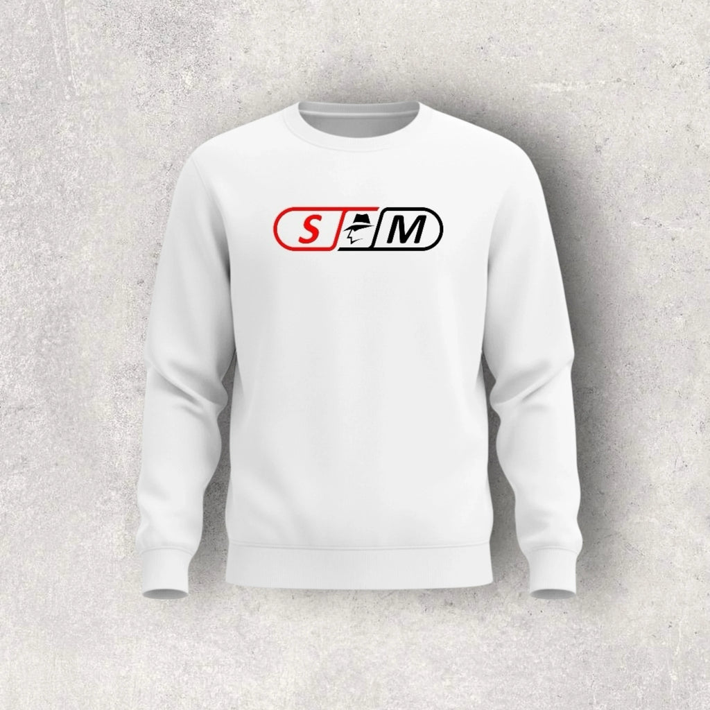 White sweatshirt with a skateboard logo on a gray background