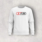 White sweatshirt with a skateboard logo on a gray background