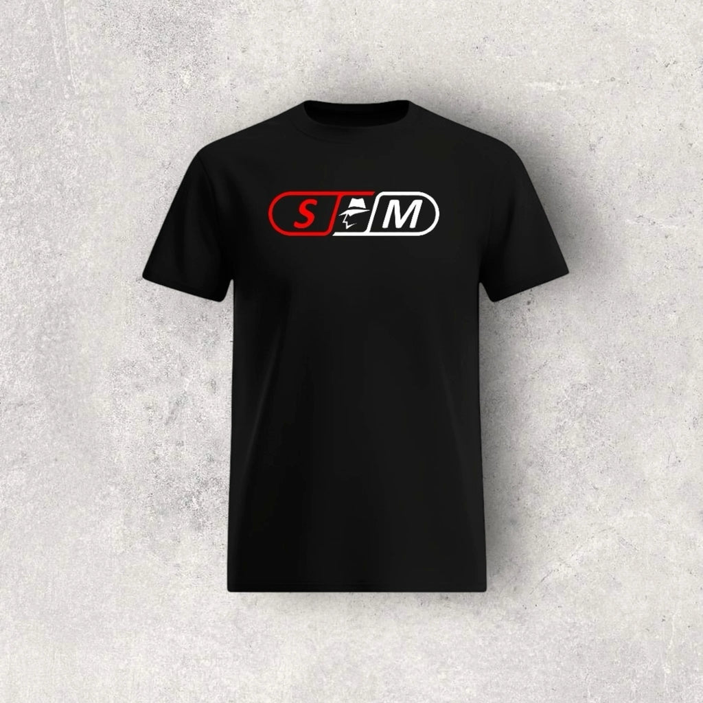 Black t-shirt with a skateboard logo on a textured gray background