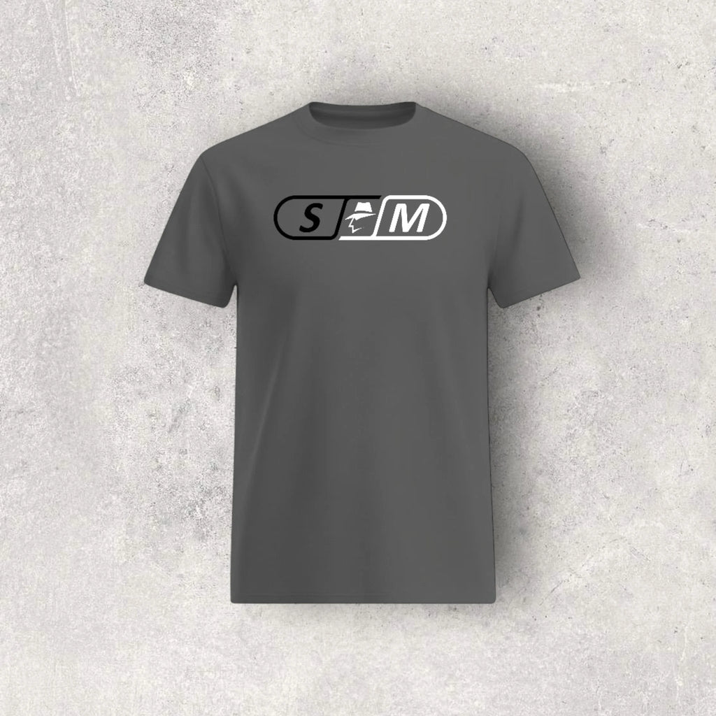 Gray t-shirt with a skateboard logo on a textured gray background