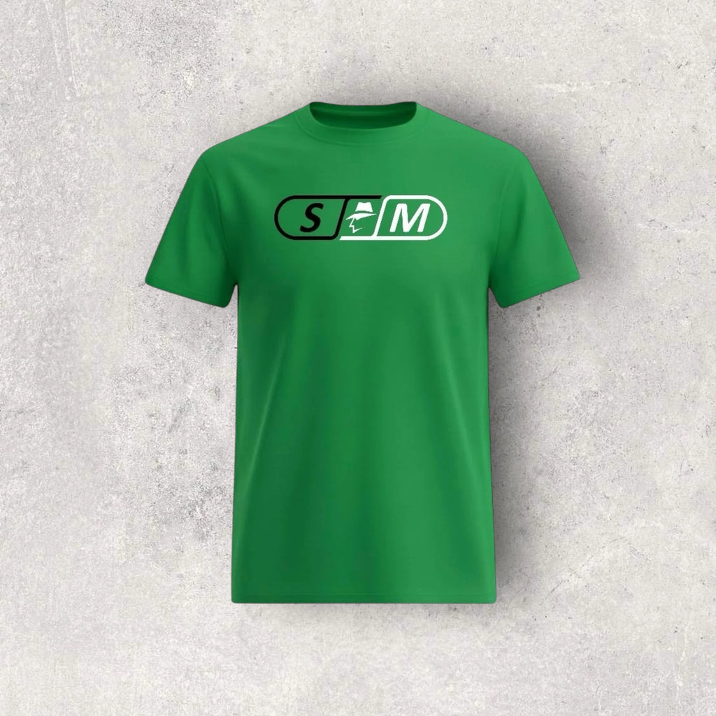 Green t-shirt with a skateboard logo on a textured gray background