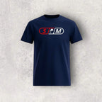 Navy blue t-shirt with a skateboard logo on a textured gray background