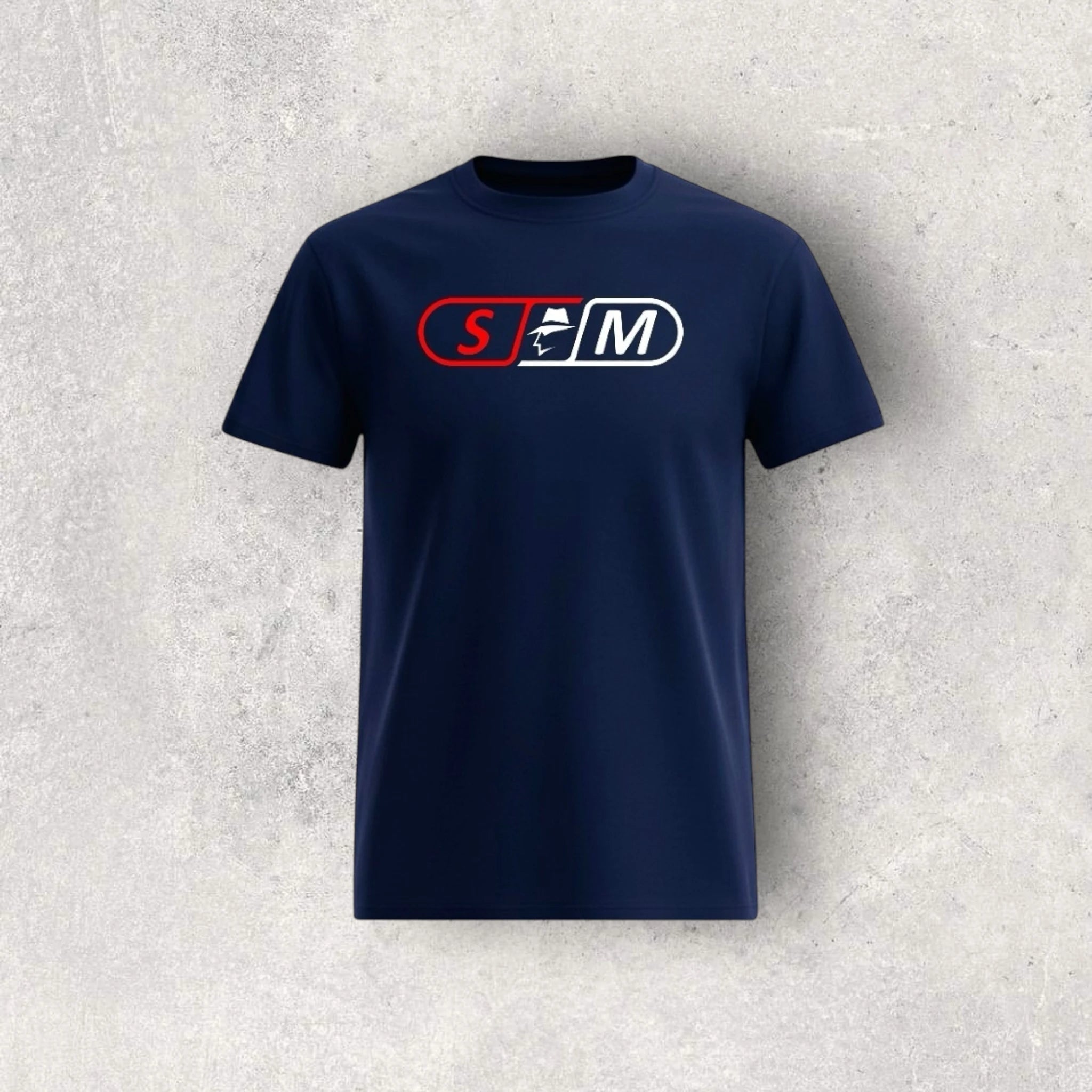 Navy blue t-shirt with a skateboard logo on a textured gray background