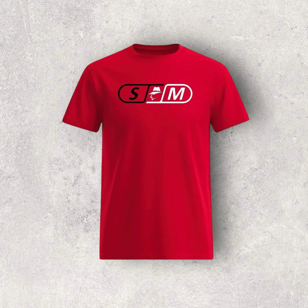 Red t-shirt with a skateboard logo on a gray textured background