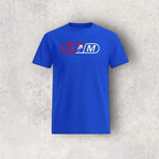 Blue t-shirt with a skateboard logo on a gray textured background