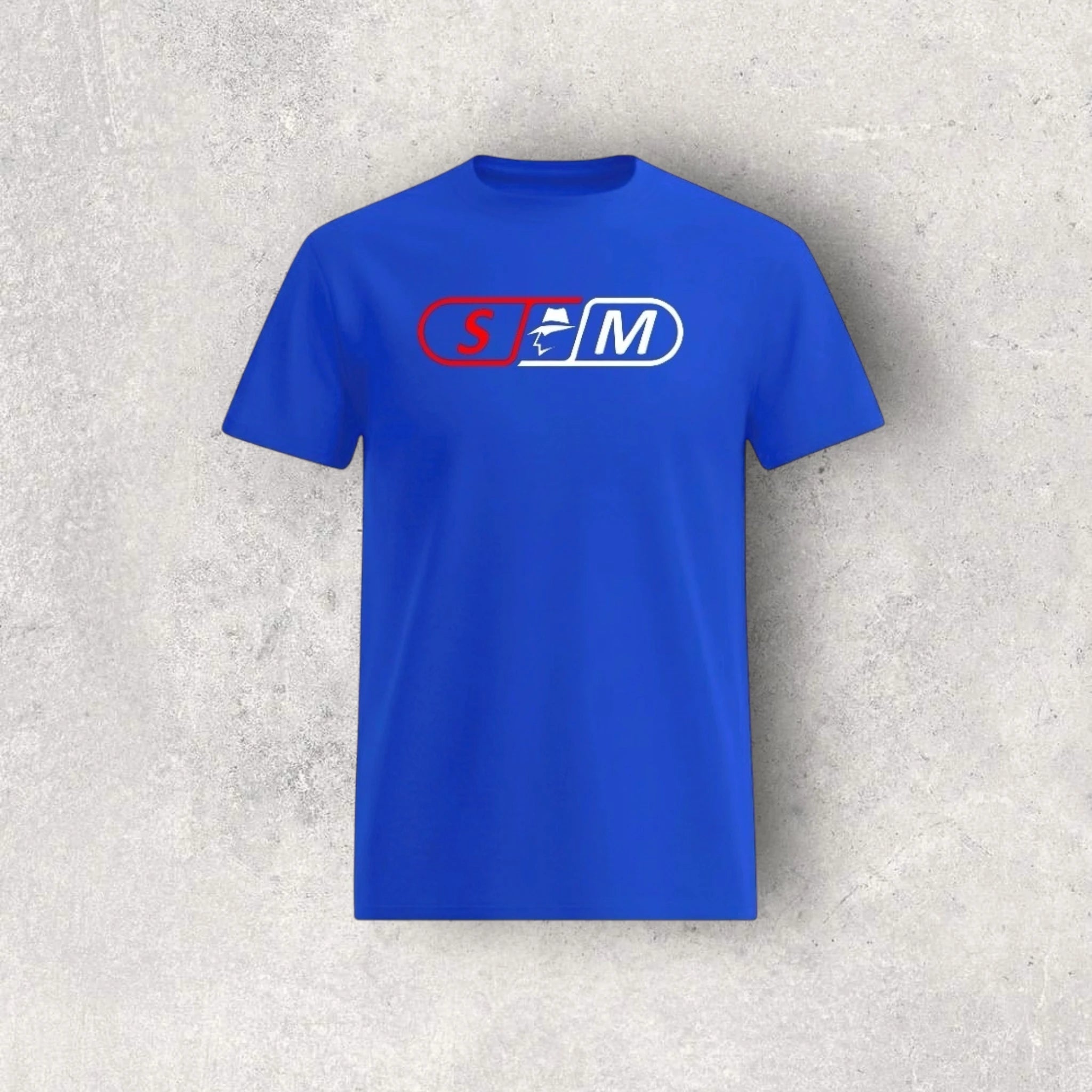 Blue t-shirt with a skateboard logo on a gray textured background