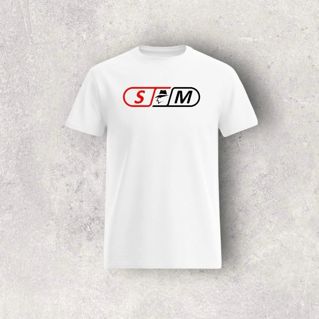 White t-shirt with a skateboard logo on a gray textured background