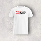 White t-shirt with a skateboard logo on a gray textured background