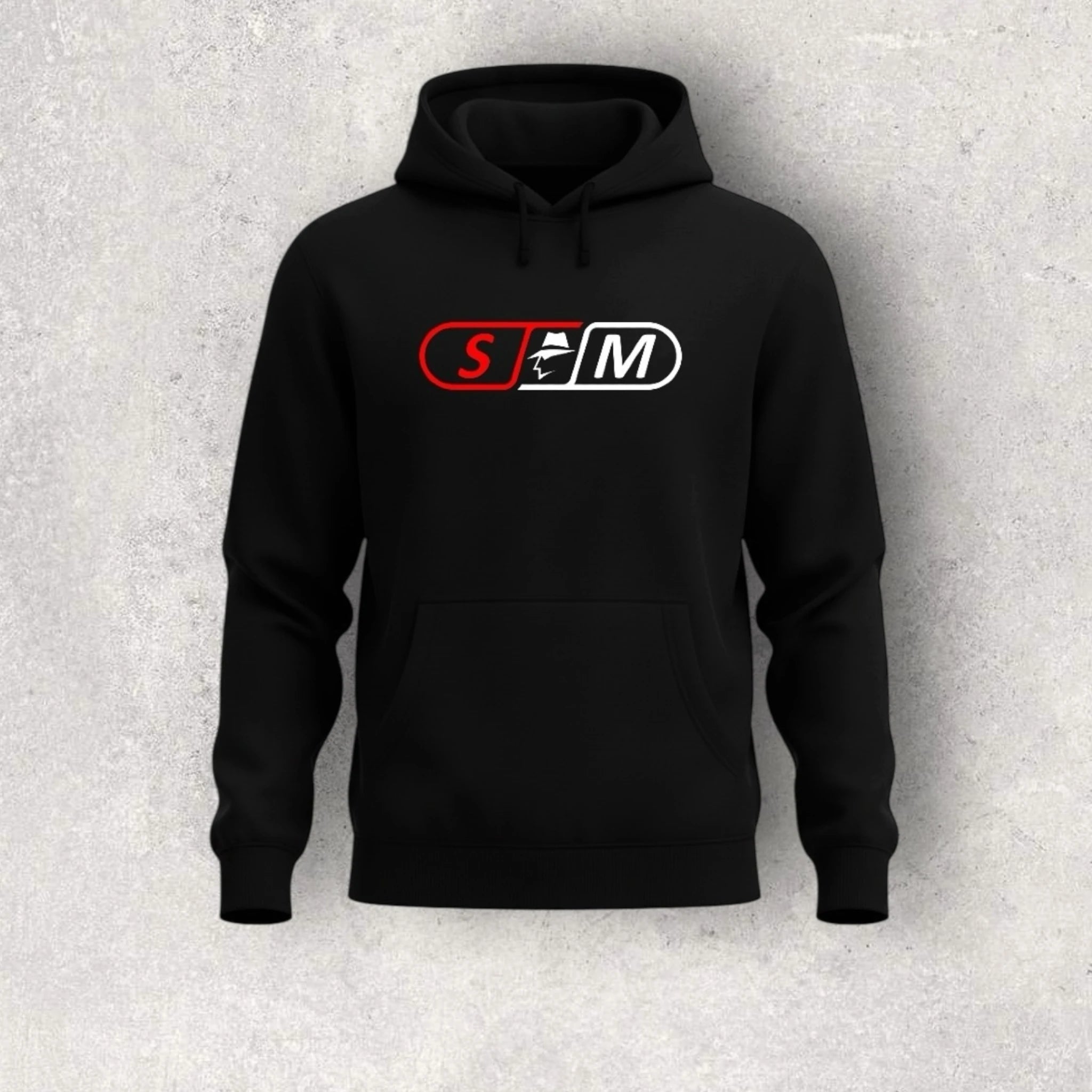Black hoodie with a skateboard logo on a gray background