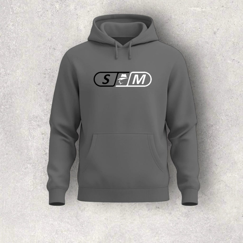Gray hoodie with a skateboard logo on a textured gray background