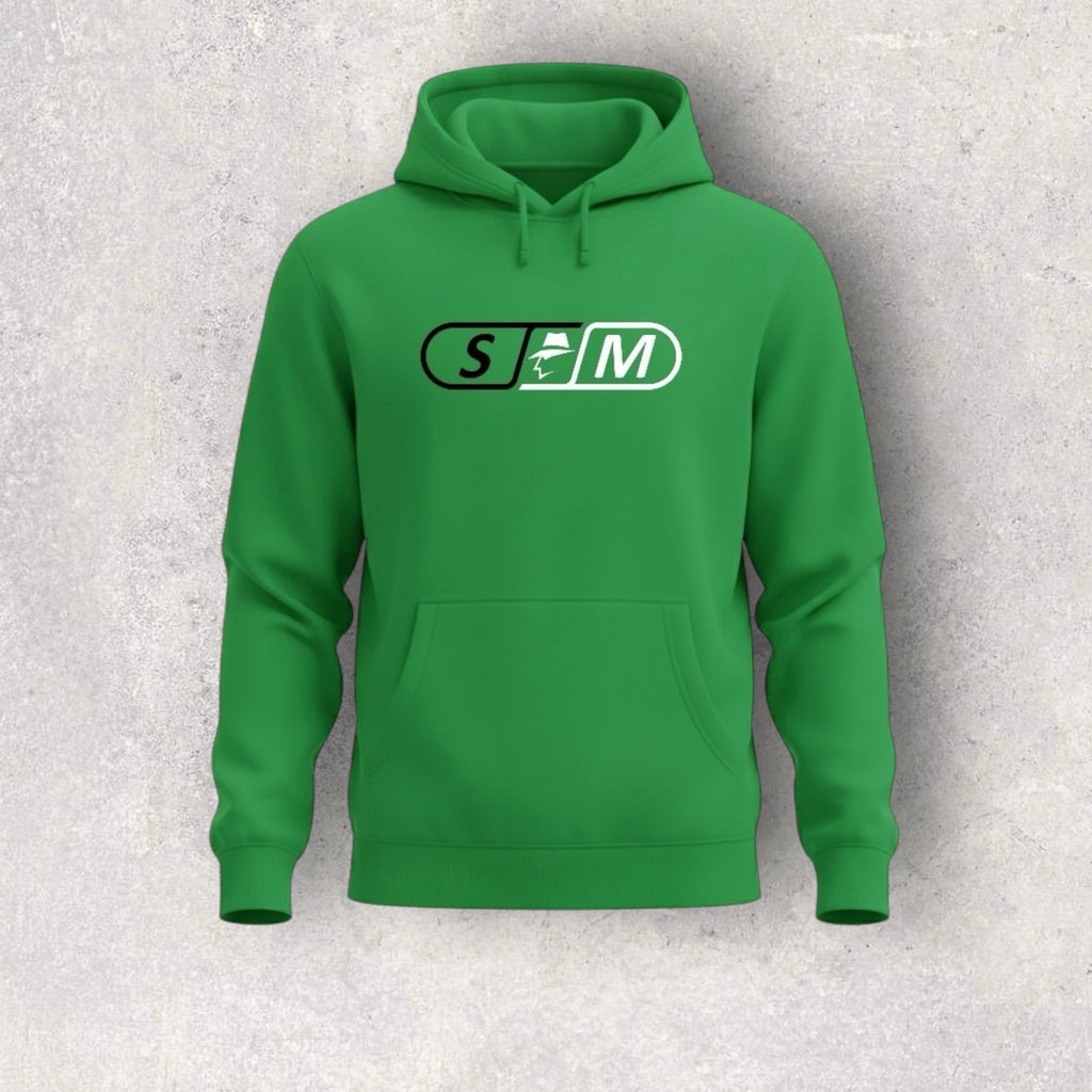 Green hoodie with a skateboard logo on a gray background