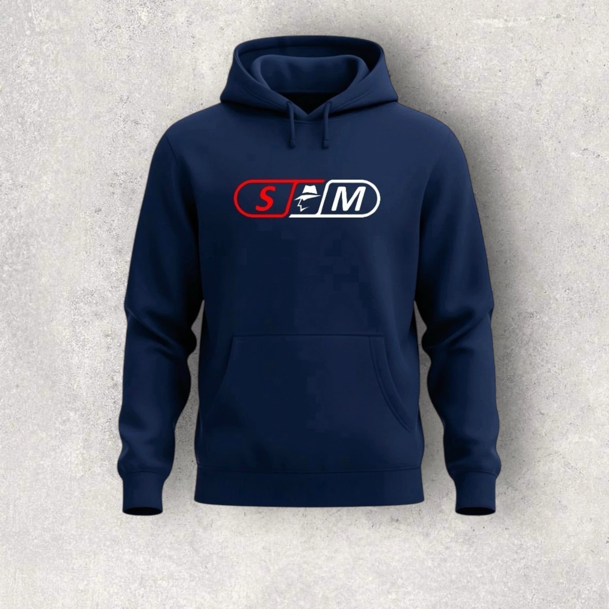Navy blue hoodie with a skateboard logo on a light gray background
