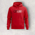 Red hoodie with a skateboard logo on a gray background
