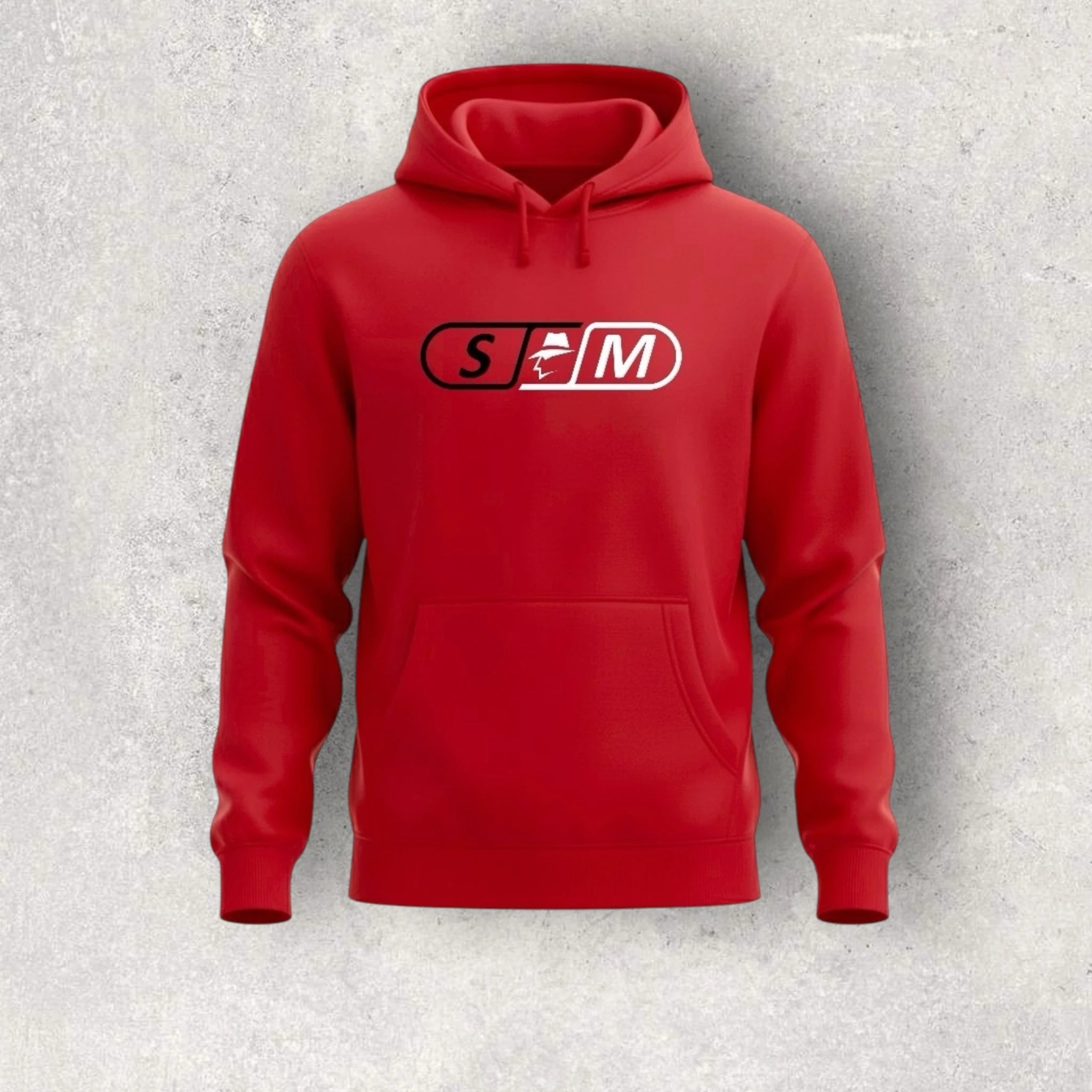 Red hoodie with a skateboard logo on a gray background