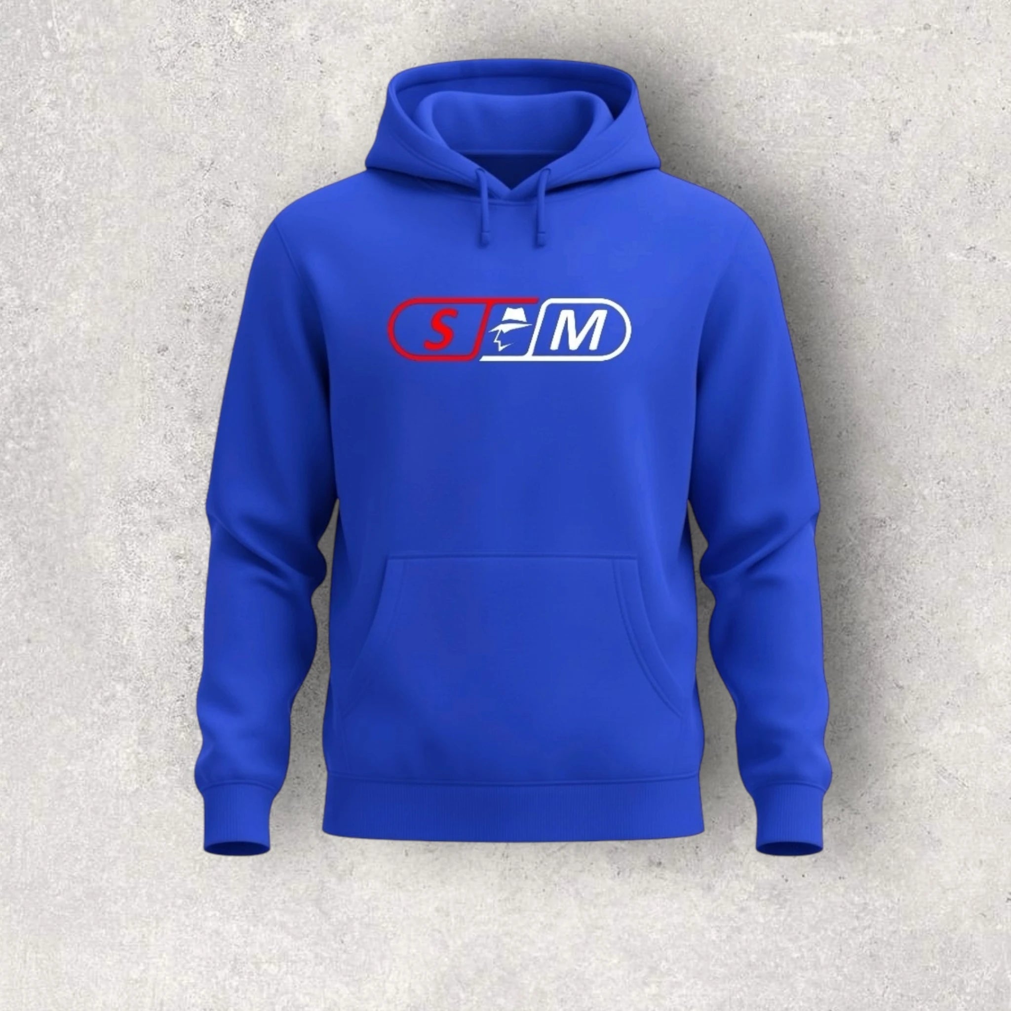 Blue hoodie with a skateboard logo on a gray background